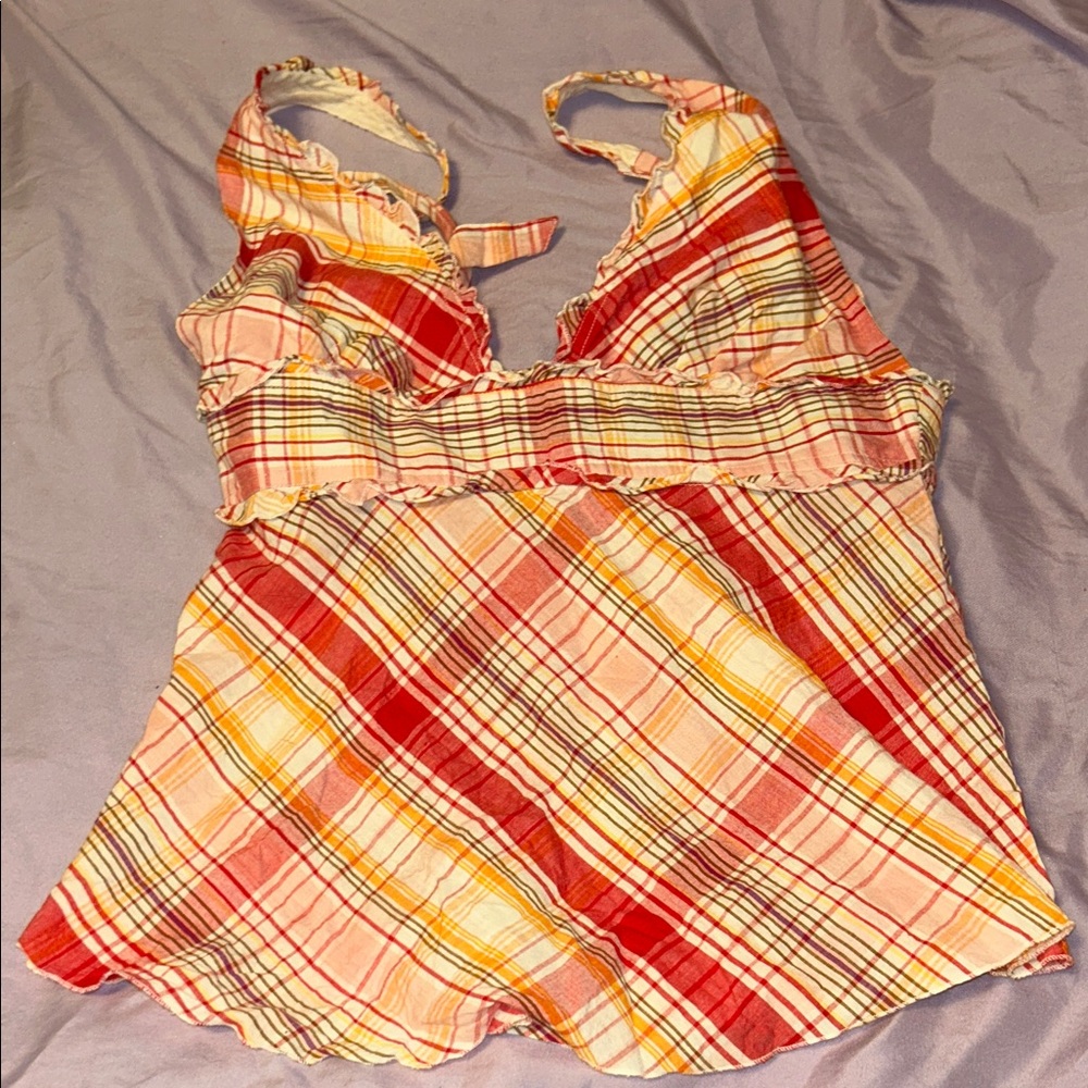 XX vintage Summery Plaid Ruffle-Trim Halter  Top in Red, Yellow & peach size M